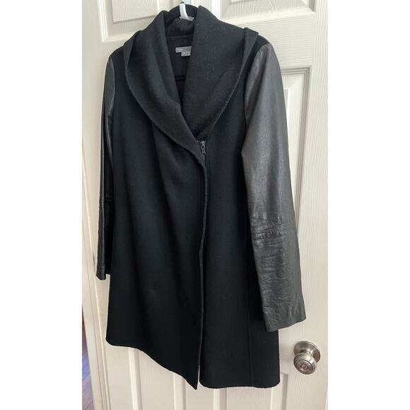 VINCE Black Wool Leather Zip Front Shawl Collar Jacket Coat - Picture 9 of 16